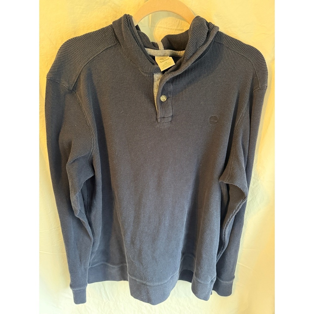 Timberland Mens Navy Blue Waffle Knit Thermal Henley Hoodie Sweatshirt Large